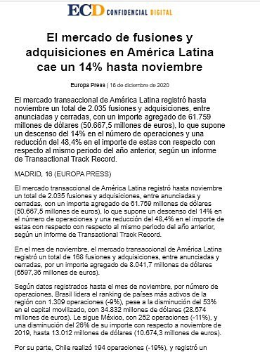 El mercado de fusiones y adquisiciones en Amrica Latina cae un 14% hasta noviembre